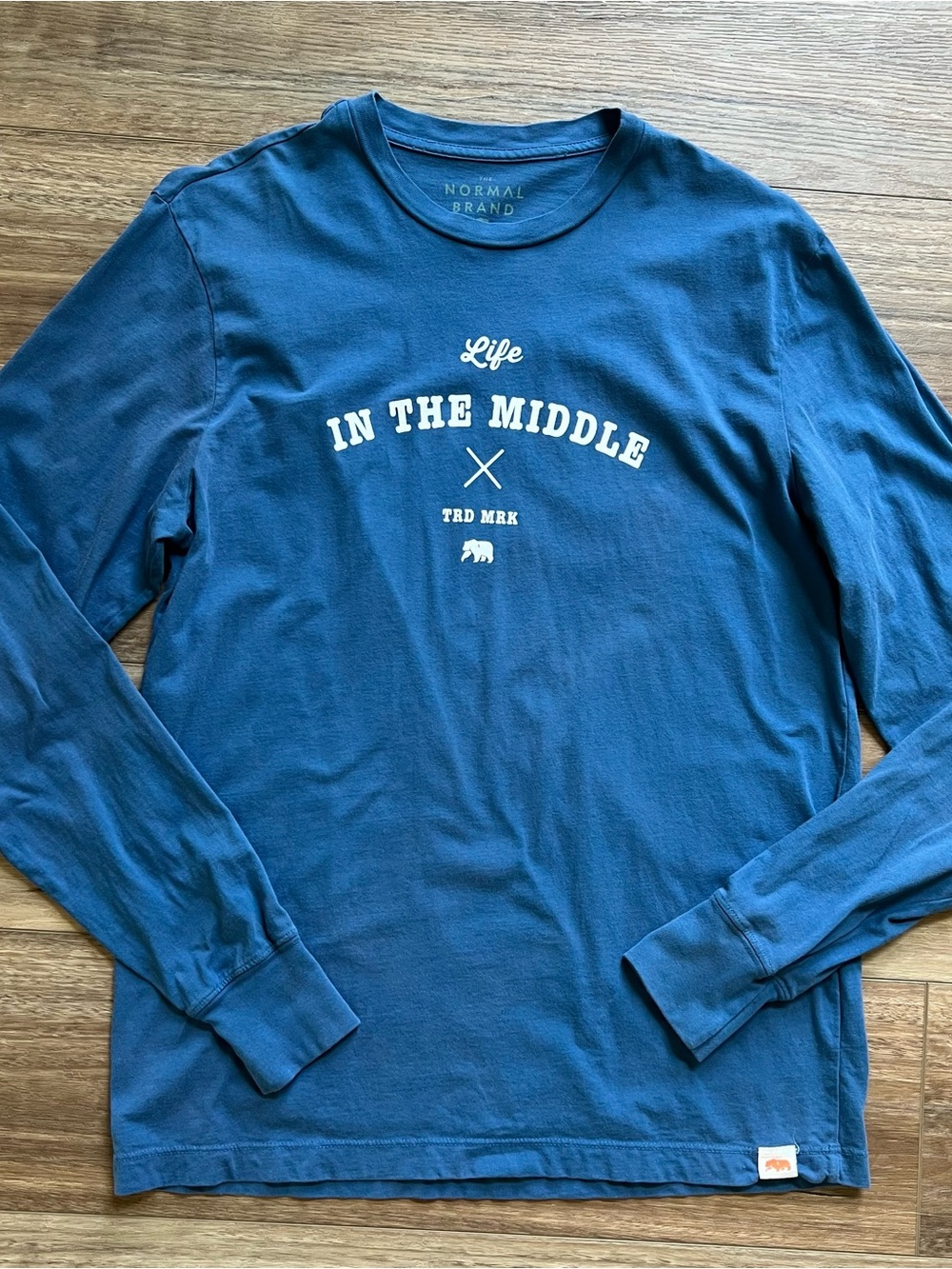 The Normal Brand Long-Sleeve Tee in Blue with "In The Middle" Graphic Mens M